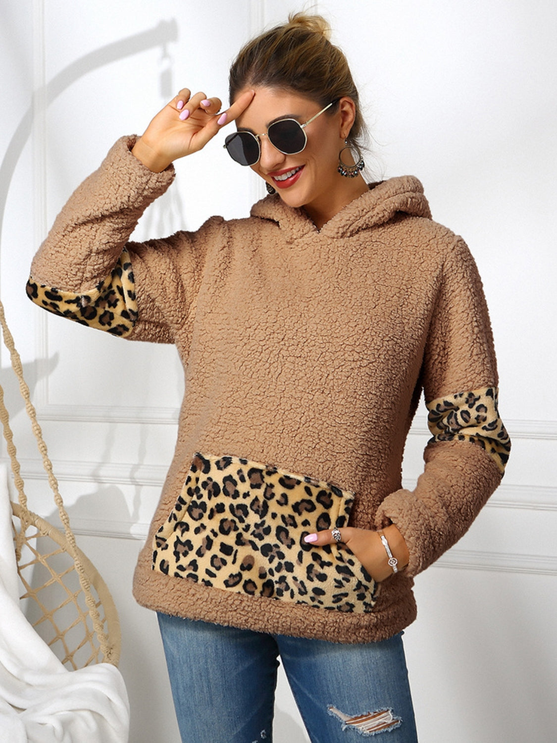 Ivy Lane Sherpa Leopard Long Sleeve Hoodie