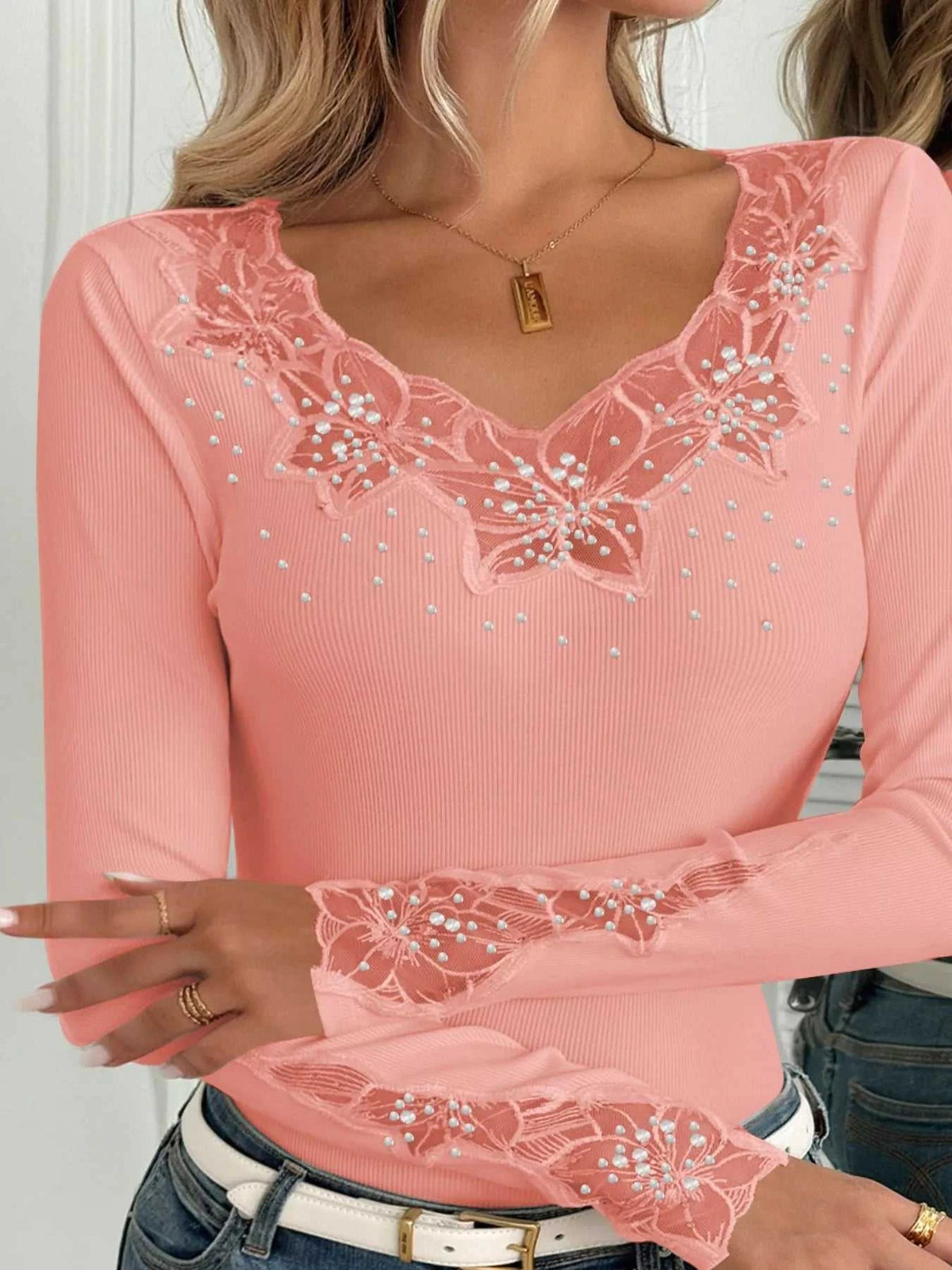Elegant Lace Trim Long Sleeve Top 100100972289207 35 Affordable Fashion Under $100 Jerry's Apparel 