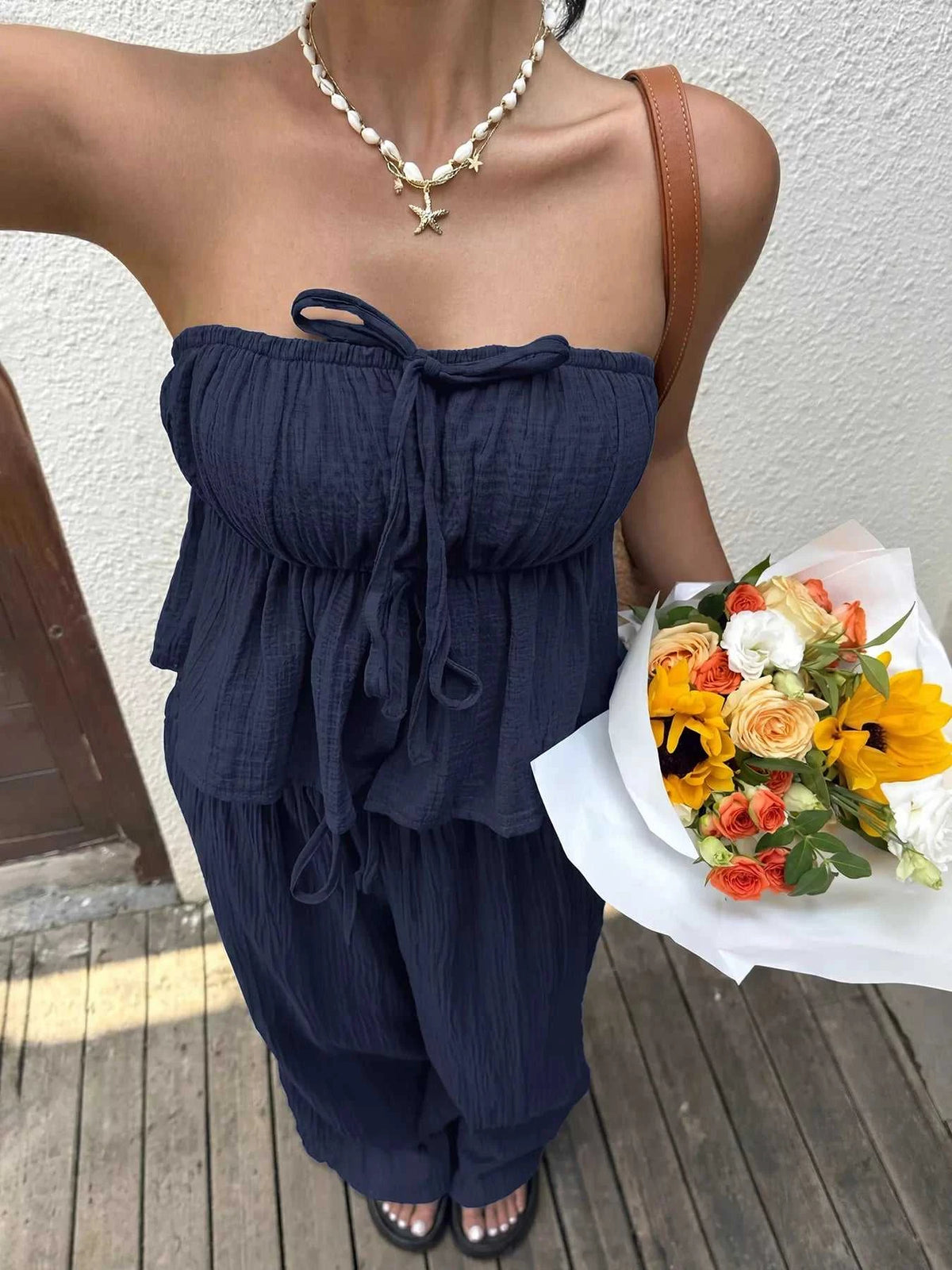 Textured Tube Top & Wide Leg Pants Set 100100753073770 41 Affordable Fashion Under $100 Jerry's Apparel 