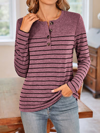 Quarter Button Striped Round Neck Long Sleeve T-Shirt