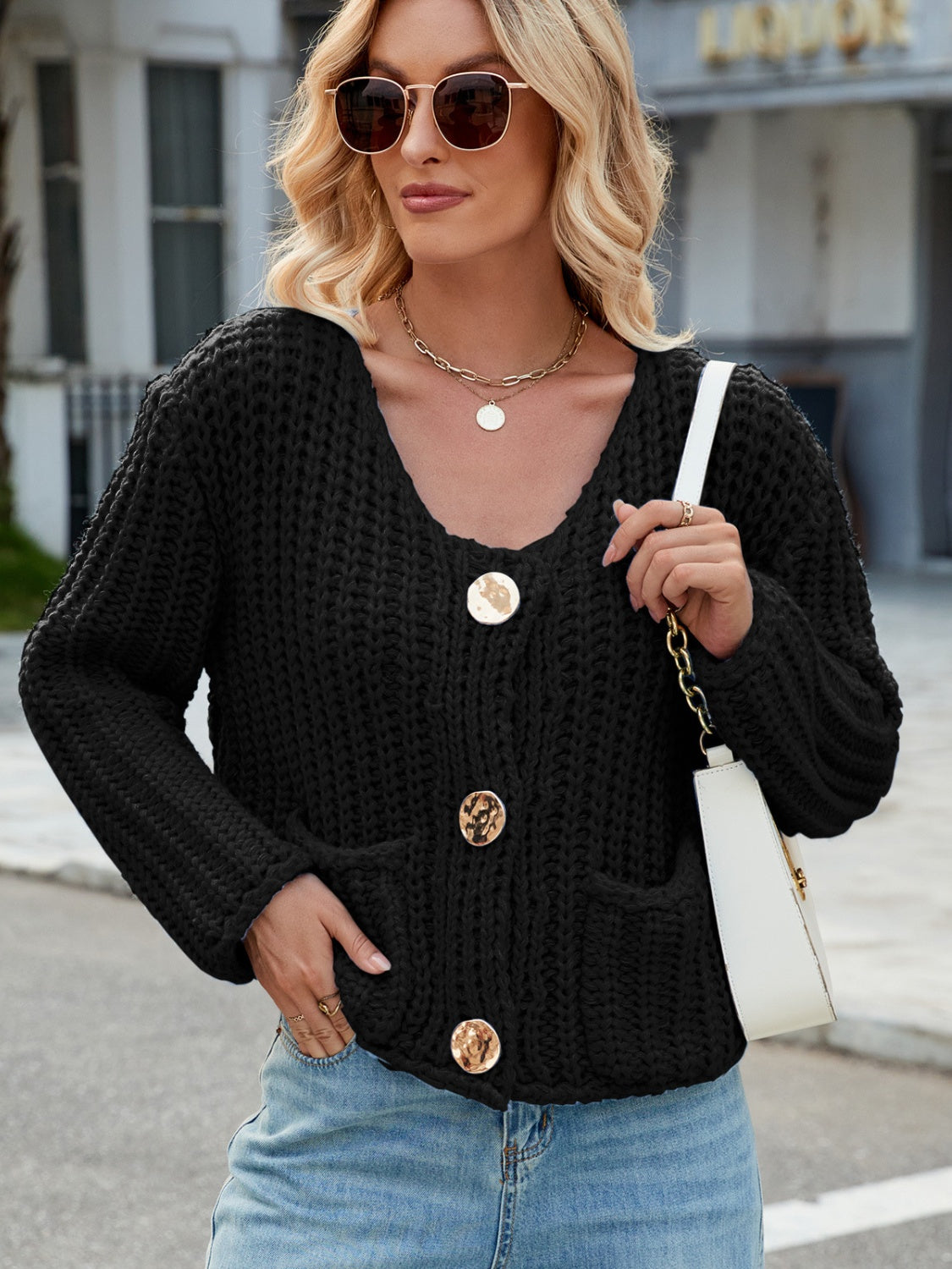 Round Neck Button Up Cardigan with Pockets