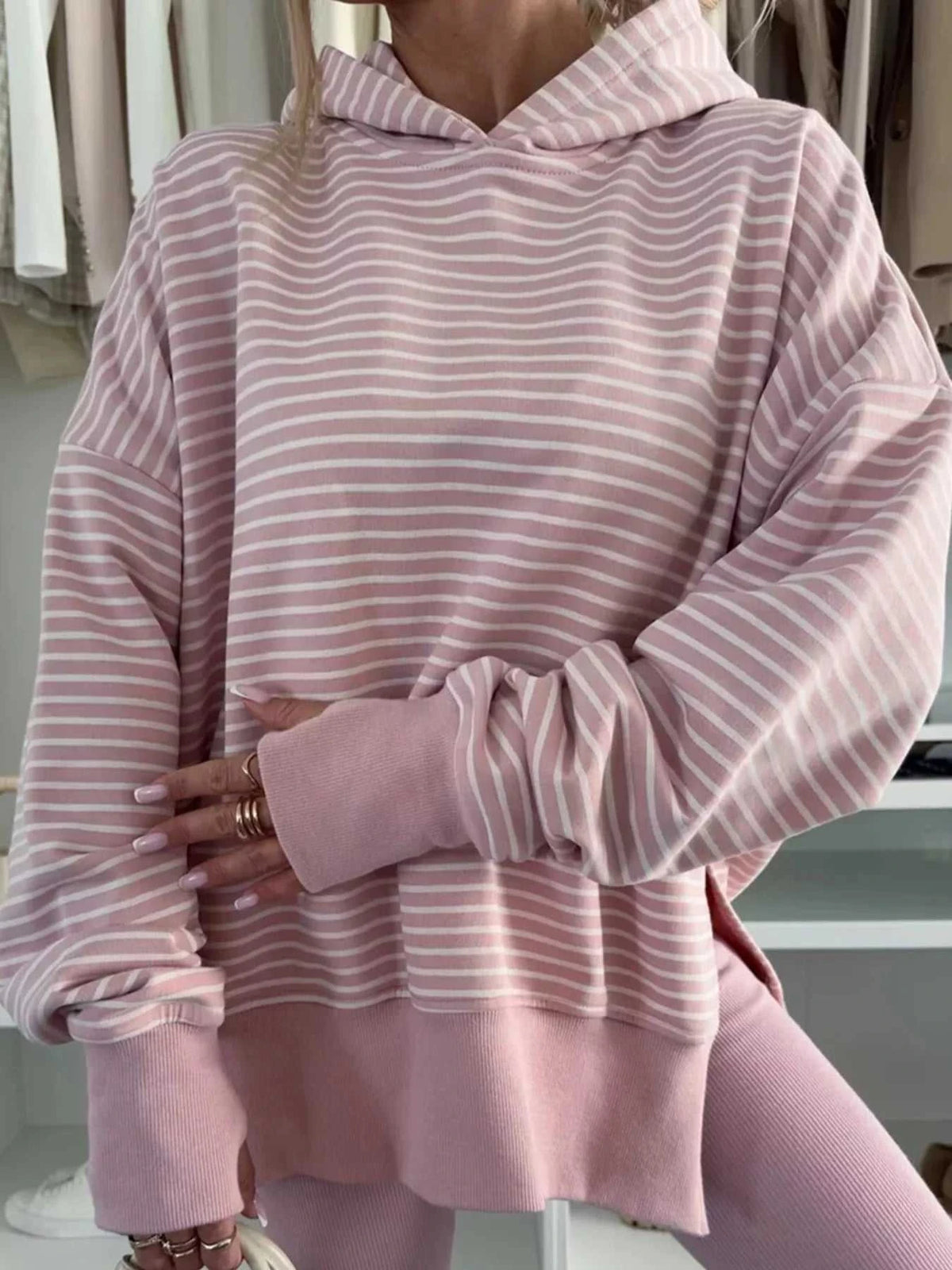 Stripe Thumbhole Side Slits Drop Shoulder Loose Fit Hoodie 100100680505816 52 Affordable Fashion Under $100 Jerry's Apparel 