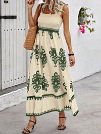 Smocked Printed Wide Strap Maxi Dress