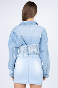 Distressed Denim Jacket with Frayed Hem