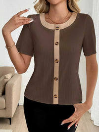 Decor Button Round Neck Short Sleeve Blouse 100100012421763 27 Affordable Fashion Under $100 Jerry's Apparel 