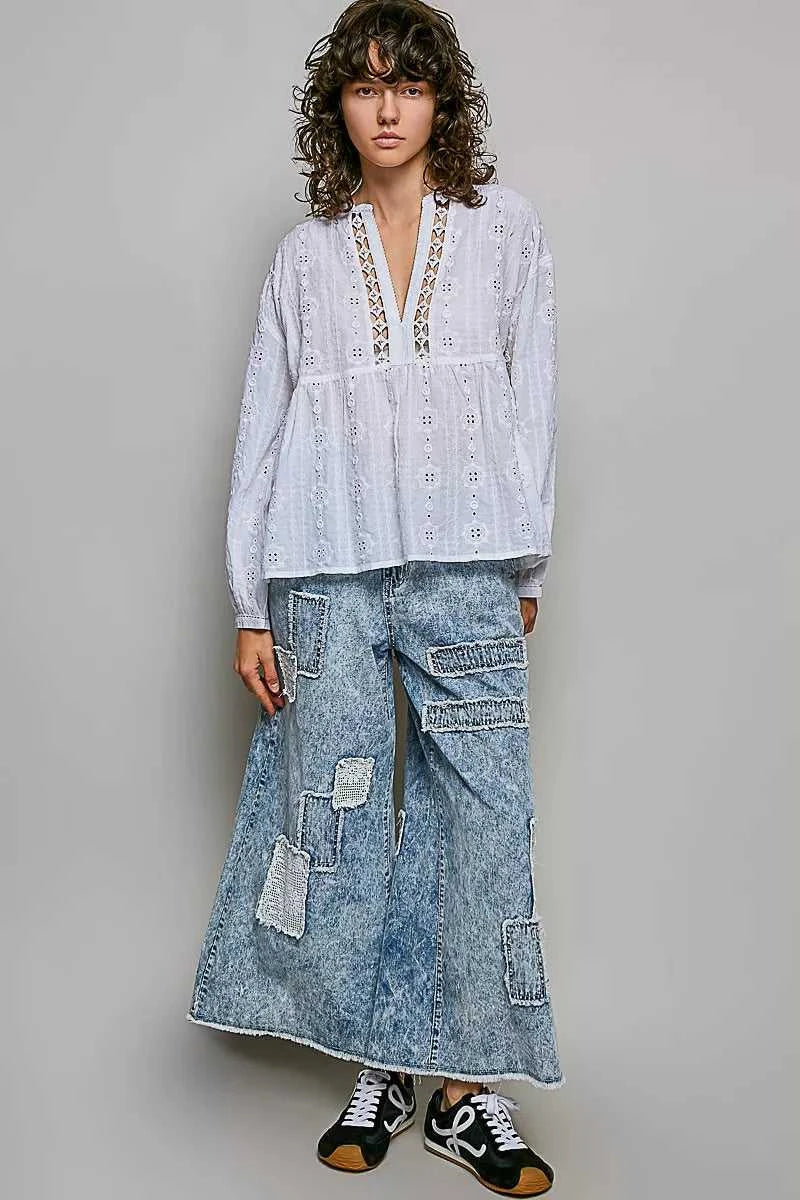 POL Lace Eyelet Long Sleeve Cotton Blouse 100100414481960 66 Affordable Fashion Under $100 Jerry's Apparel 