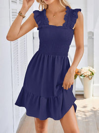 Smocked Square Neck Wide Strap Dress