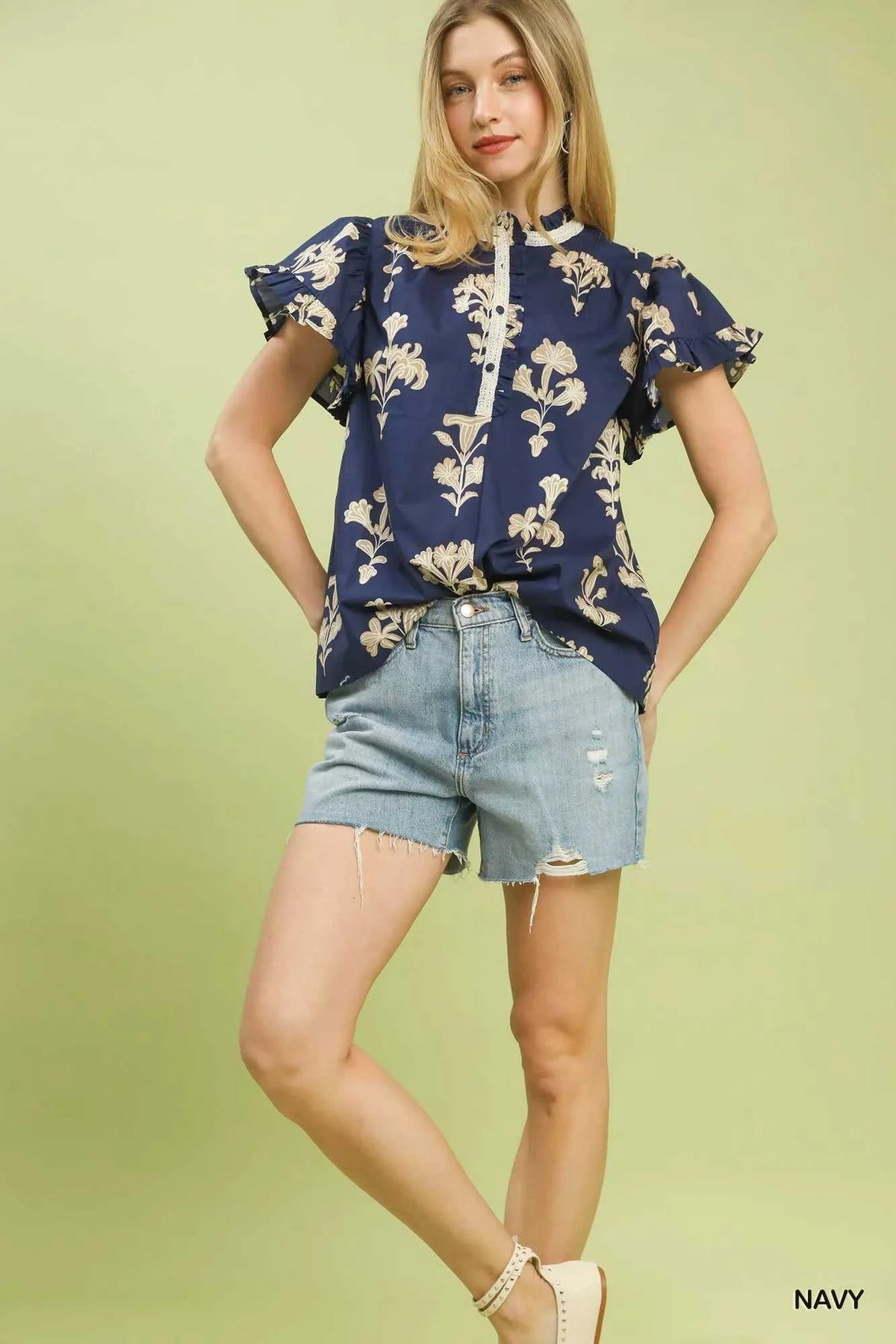 Umgee Floral Ruffle Sleeve Split-Neck Top 100100324221609 47 Affordable Fashion Under $100 Jerry's Apparel 