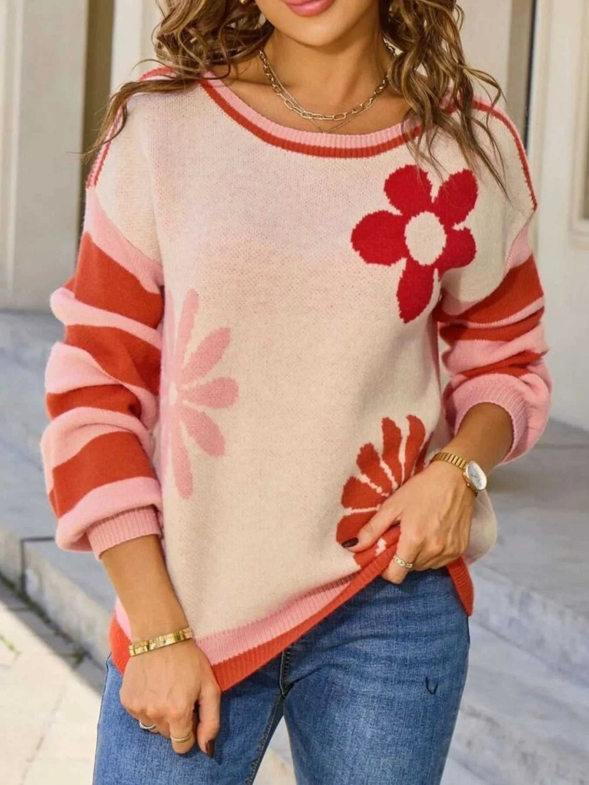 Floral Striped Sleeve Round Neck Sweater 100100273694398 49 Affordable Fashion Under $100 Jerry's Apparel 