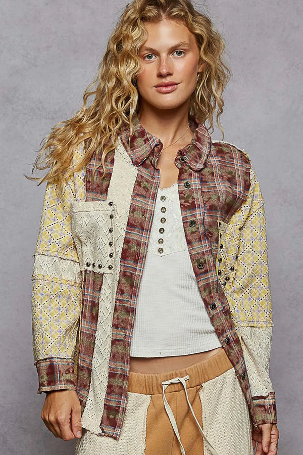 POL Studded Contrast Plaid Long Sleeve Shirt