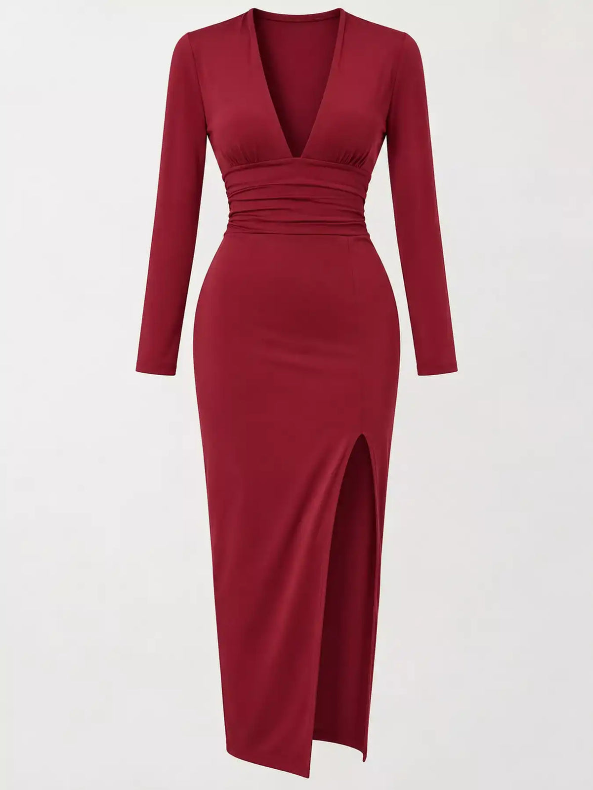 Deep V-Neck Ruched Bodycon Dress with High Slit 101001242970664 34 Gifts for Her Jerry's Apparel 