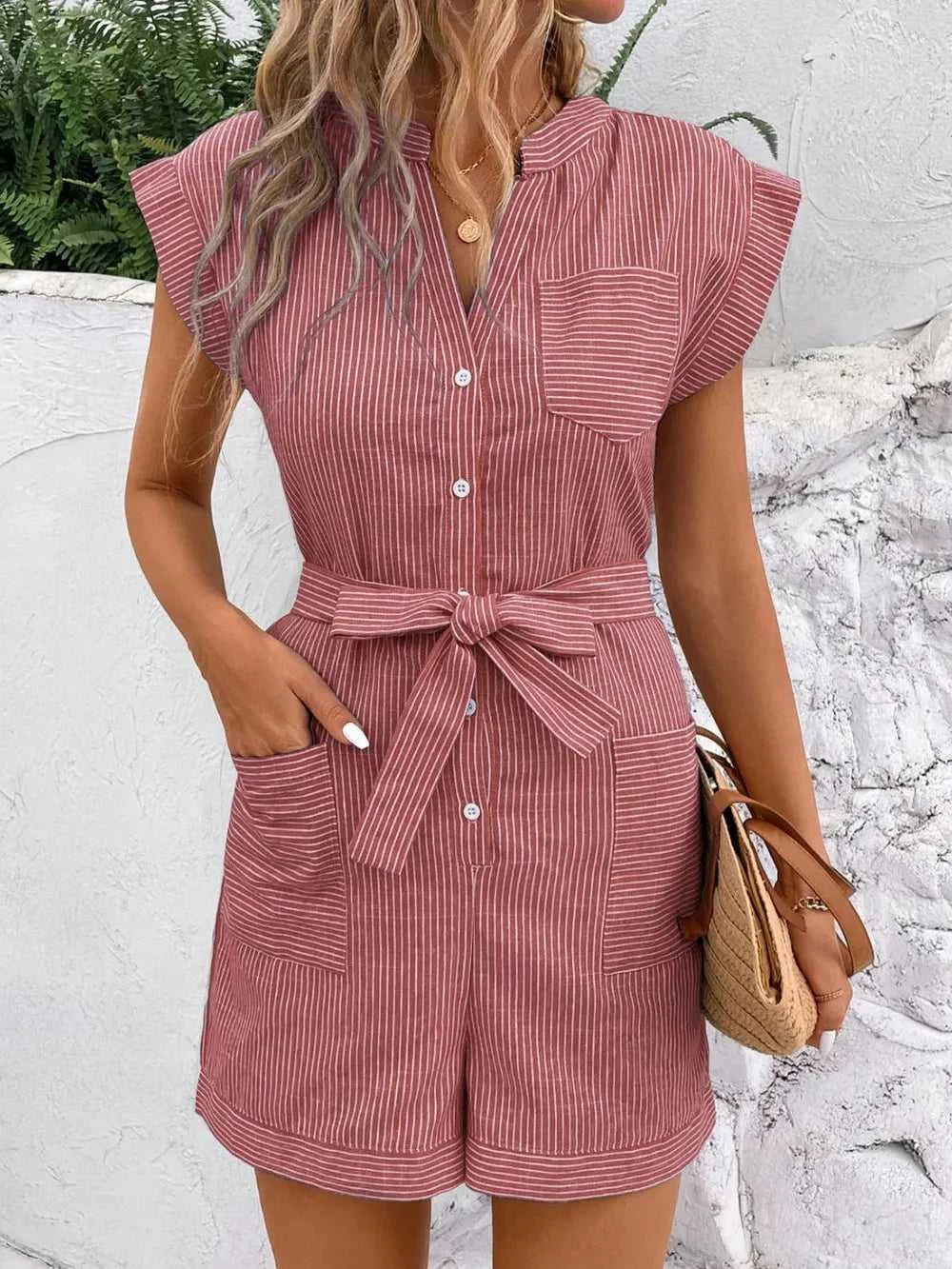 Perfee Striped Notched Tie Waist Romper 100100531531771 37 Affordable Fashion Under $100 Jerry's Apparel 