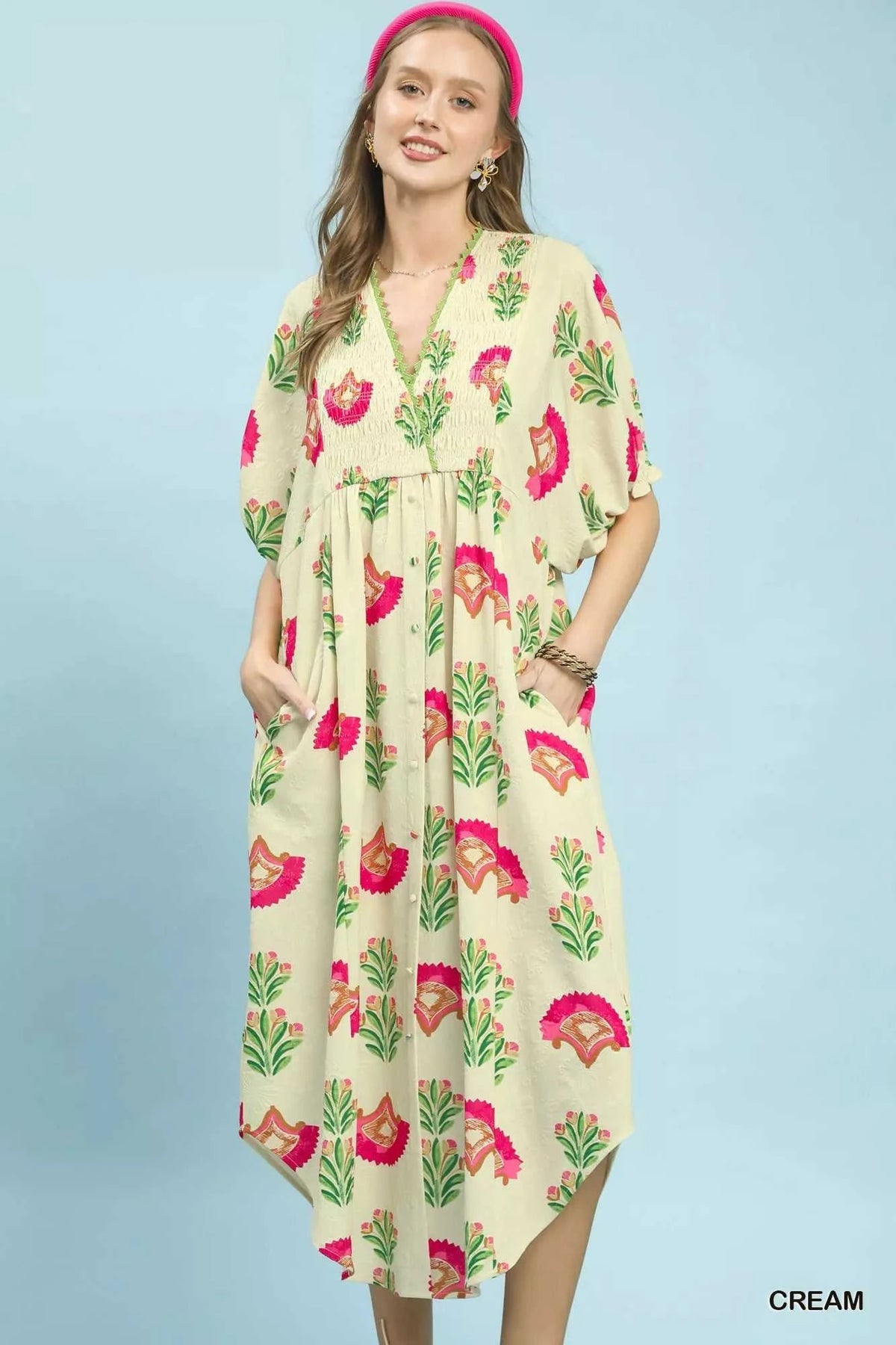 Umgee Abstract Print V-Neck Midi Dress 100100351191094 66 Affordable Fashion Under $100 Jerry's Apparel 