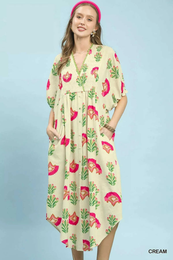 Umgee Abstract Print V-Neck Midi Dress 100100351191094 66 Affordable Fashion Under $100 Jerry's Apparel 
