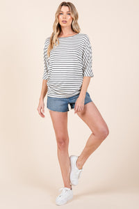 BOMBOM Striped Boat Neck Dolman Sleeve Top