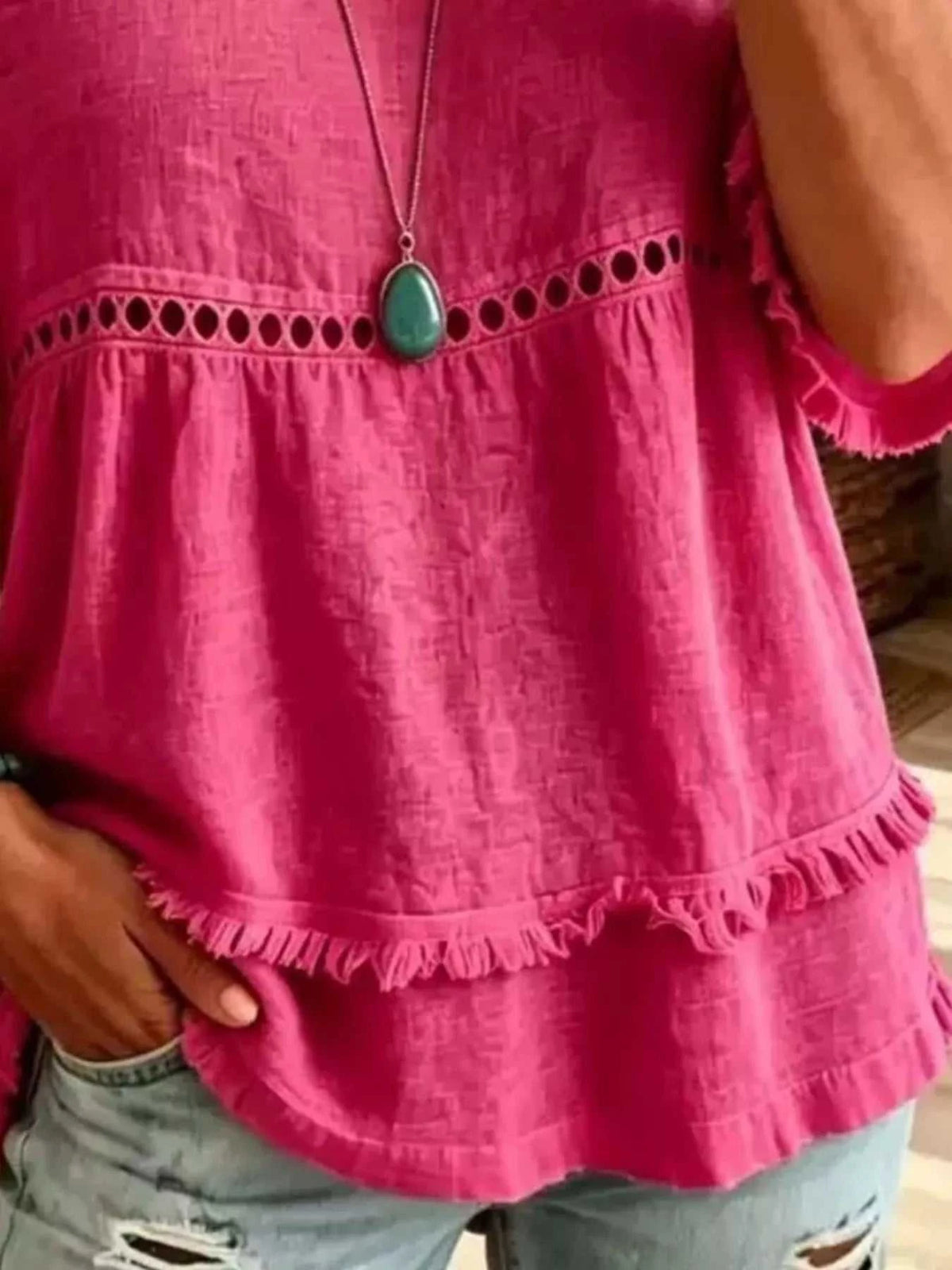 Eyelet V-Neck Frayed Edge T-Shirt 101001102955340 33 Affordable Fashion Under $100 Jerry's Apparel 