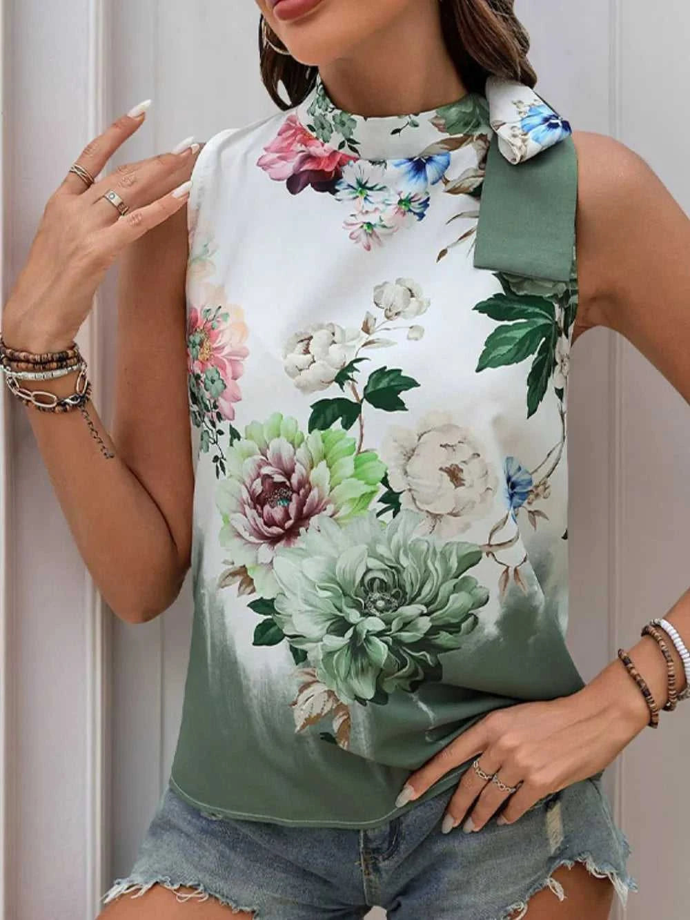 Tied Flower Printed Mock Neck Top 100100608201532 28 Affordable Fashion Under $100 Jerry's Apparel 