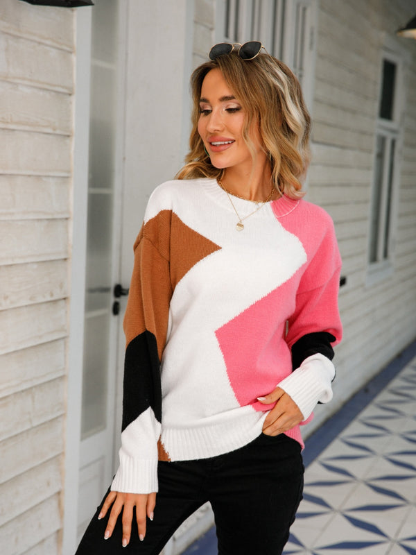 Angel Wings Color Block Round Neck Dropped Shoulder Sweater