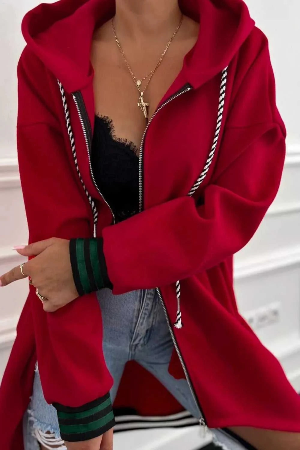 Contrast Cuffed Drop Shoulder Zip Up Hoodie 100100111249414 63 Affordable Fashion Under $100 Jerry's Apparel 