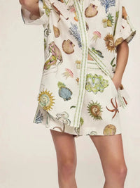 Printed Button Up Shirt and Shorts Set