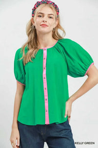Umgee Contrast Trim Button Front Puff Sleeve Blouse 100100932681970 47 Affordable Fashion Under $100 Jerry's Apparel 