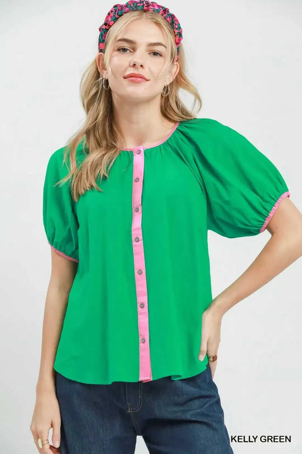 Umgee Contrast Trim Button Front Puff Sleeve Blouse 100100932681970 47 Affordable Fashion Under $100 Jerry's Apparel 