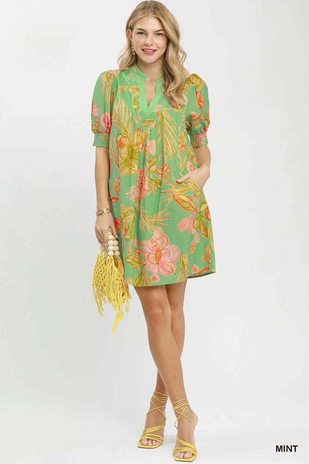 Umgee Botanical Print Dress with Smocked Cuffs 100100413401039 64 Affordable Fashion Under $100 Jerry's Apparel 