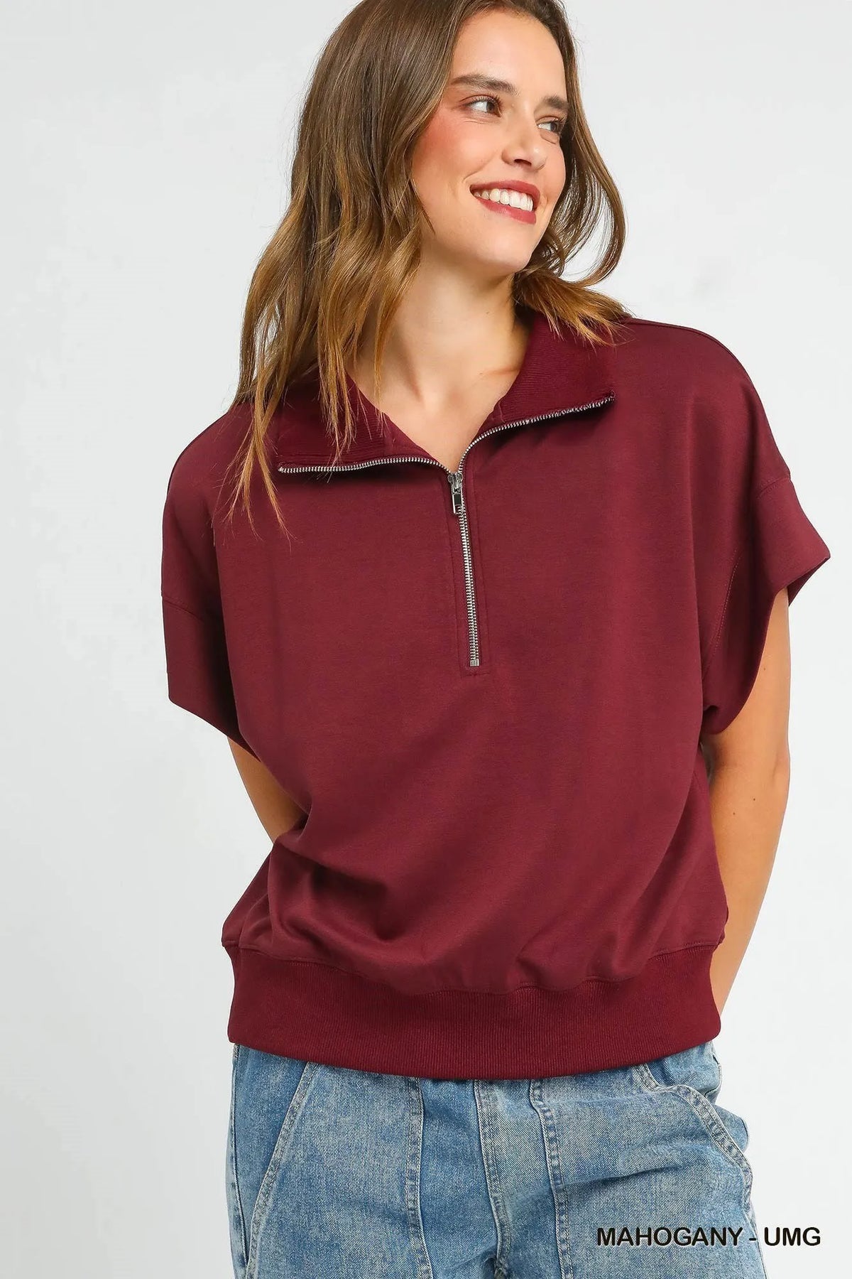 Umgee Full Size Half-Zip Short Sleeve Top Plus Size
