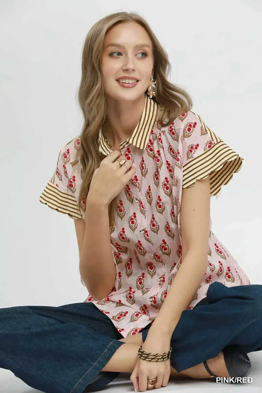 Umgee Block Print Button-Front Shirt with Contrast Stripe Point Collar 100100523571151 47 Affordable Fashion Under $100 Jerry's Apparel 