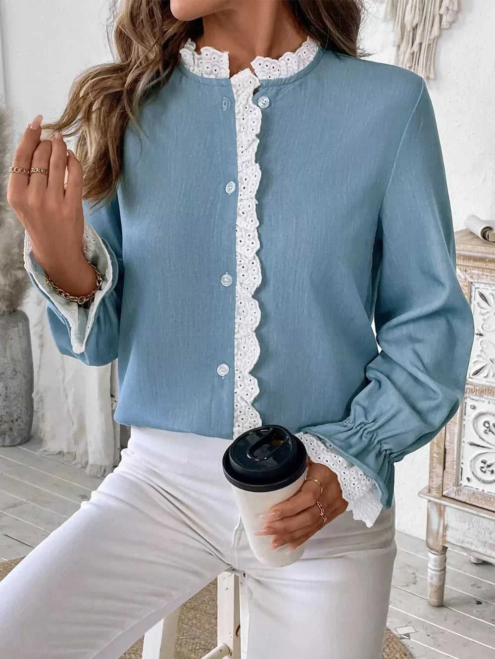Perfee Lace Detail Button Down Long Sleeve Shirt 100100244411847 35 Affordable Fashion Under $100 Jerry's Apparel 