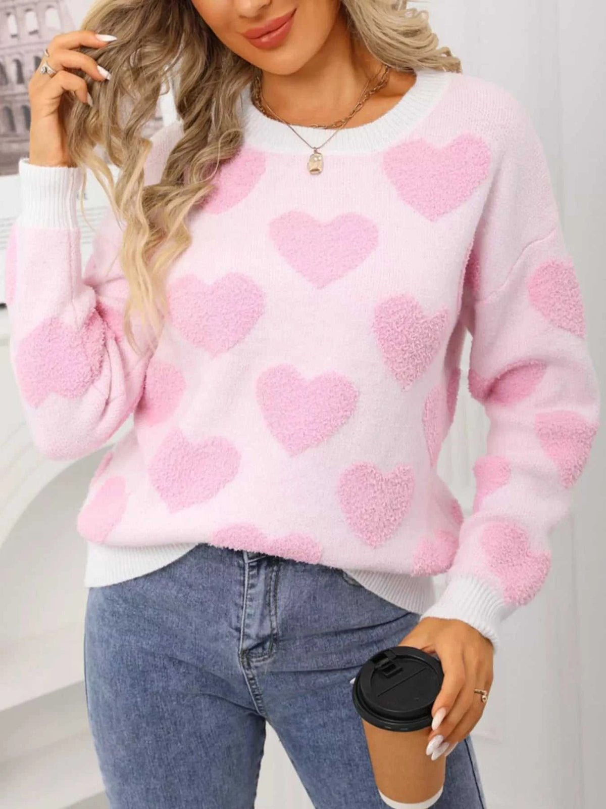 Valentine's Day Heart Pattern Round Neck Sweater 100100539364002 49 Affordable Fashion Under $100 Jerry's Apparel 