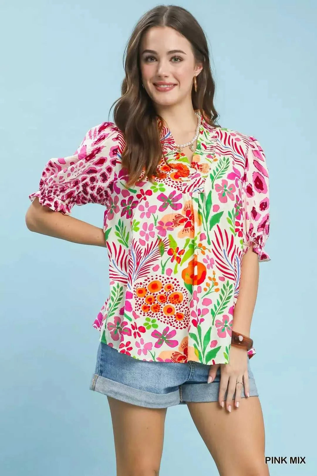 Umgee V-Neck Ruffle Trim Puff Sleeve Top 100100313981053 49 Affordable Fashion Under $100 Jerry's Apparel 