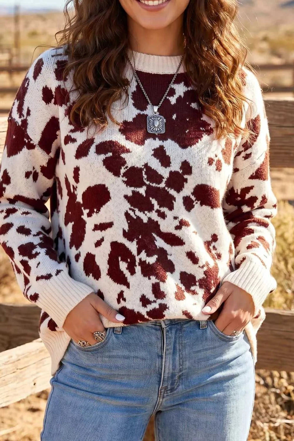 Western Print Cow Pattern Long Sleeve Round Neck Pullover Knitwear Sweater 101002873465913 49 Affordable Fashion Under $100 Jerry's Apparel 