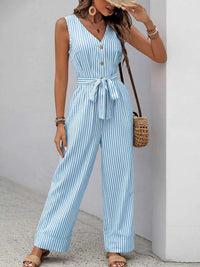Striped Button-Front Tie Waist Wide Leg Jumpsuit 100100833661971 44 Affordable Fashion Under $100 Jerry's Apparel 