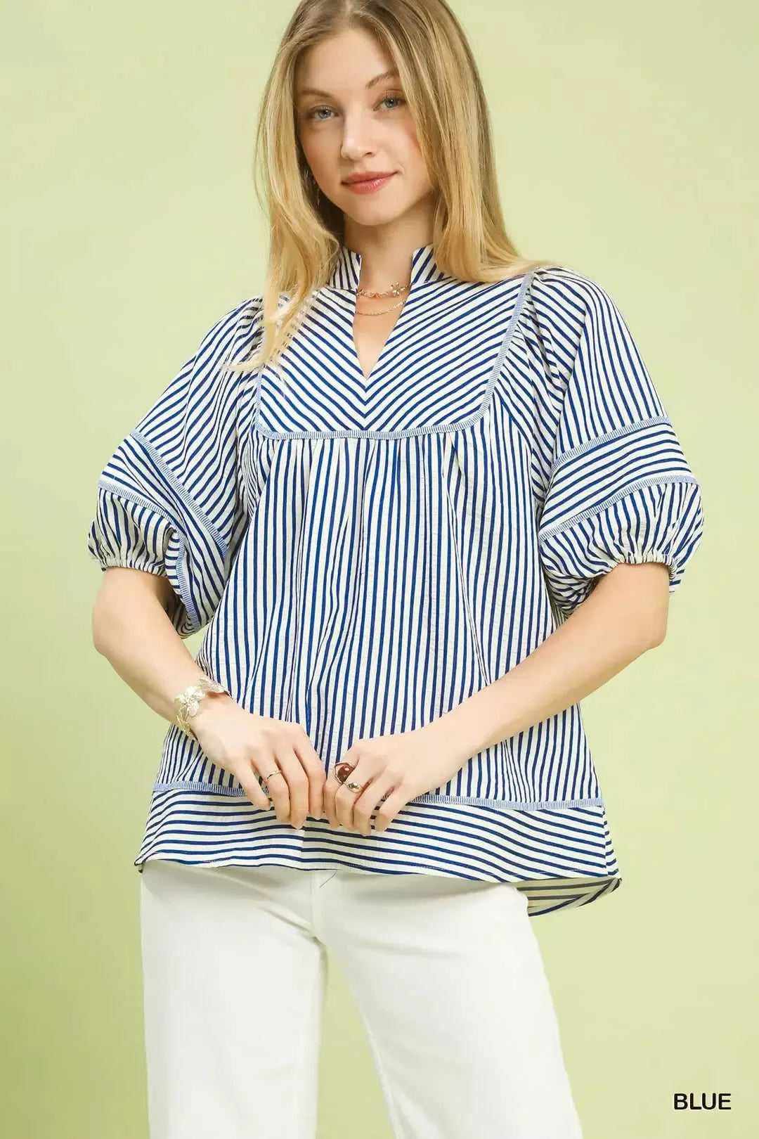 Umgee Striped Puff Sleeve Babydoll Top 100100016861860 45 Affordable Fashion Under $100 Jerry's Apparel 