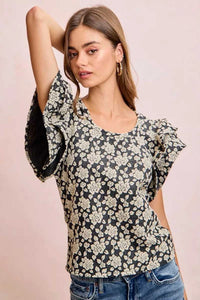 BiBi Floral Jacquard Ruffle Sleeves Knit Top 100100264791752 46 Affordable Fashion Under $100 Jerry's Apparel 