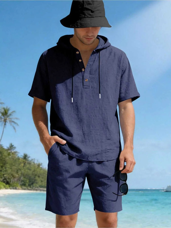 Men's Full Size Casual Short Sleeve Hooded Top & Shorts Set Plus Size