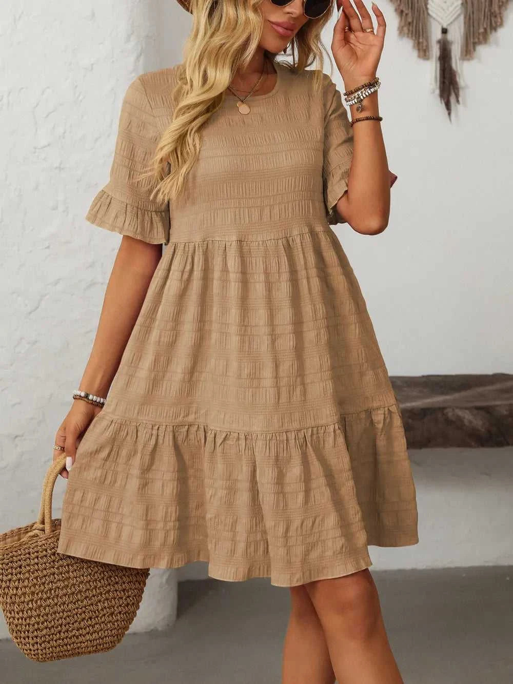 Mandy Ruffled Ruched Round Neck Half Sleeve Dress 100100796041903 25 Affordable Fashion Under $100 Jerry's Apparel 