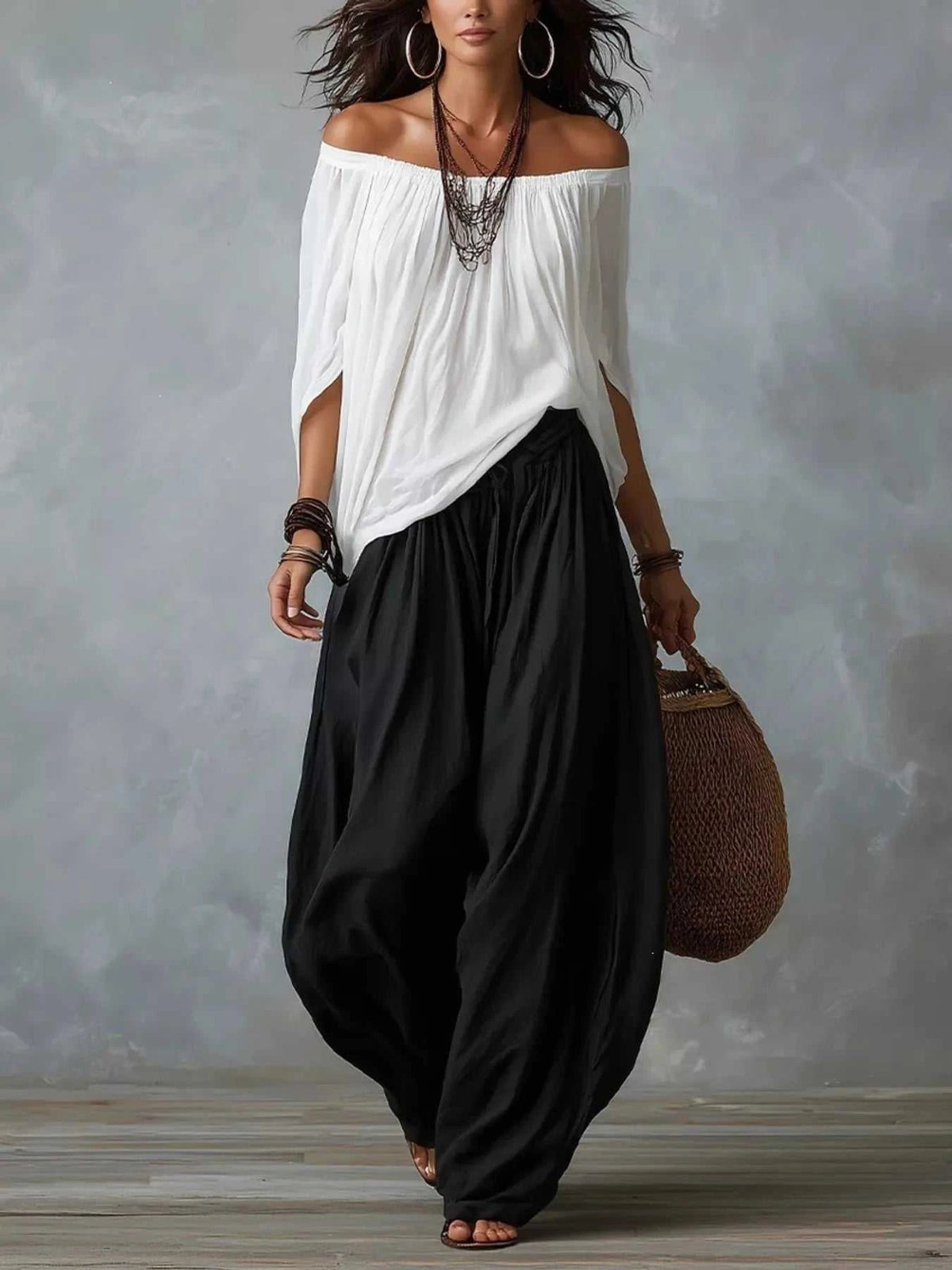 Full Size Off-Shoulder Top and Wide-Leg Harem Pants Set Plus Size 101001665837372 46 Affordable Fashion Under $100 Jerry's Apparel 