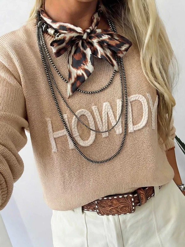 Parchment Corder HOWDY Letter Graphic Crew Neck Relaxed Sweater 101002517798575 59 Affordable Fashion Under $100 Jerry's Apparel 