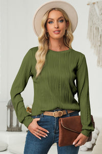 Textured Round Neck Long Sleeve Blouse