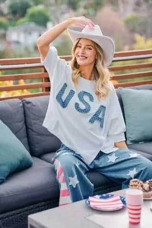 BiBi 4th Of July Usa Letter Patchwork French Terry Top 100100635501873 52 Gifts for Her Jerry's Apparel 