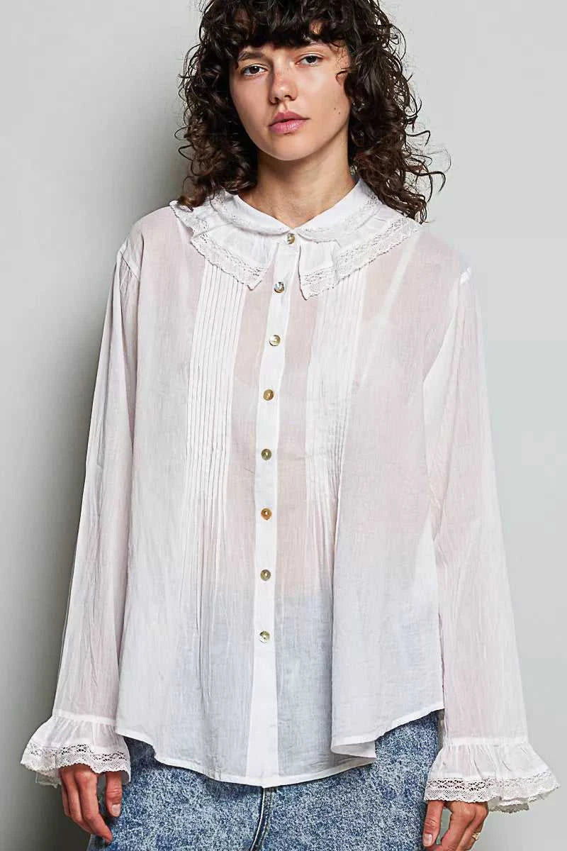 POL Woven Lace Trim Pintuck Button-Down Shirt 100100784961327 66 Affordable Fashion Under $100 Jerry's Apparel 
