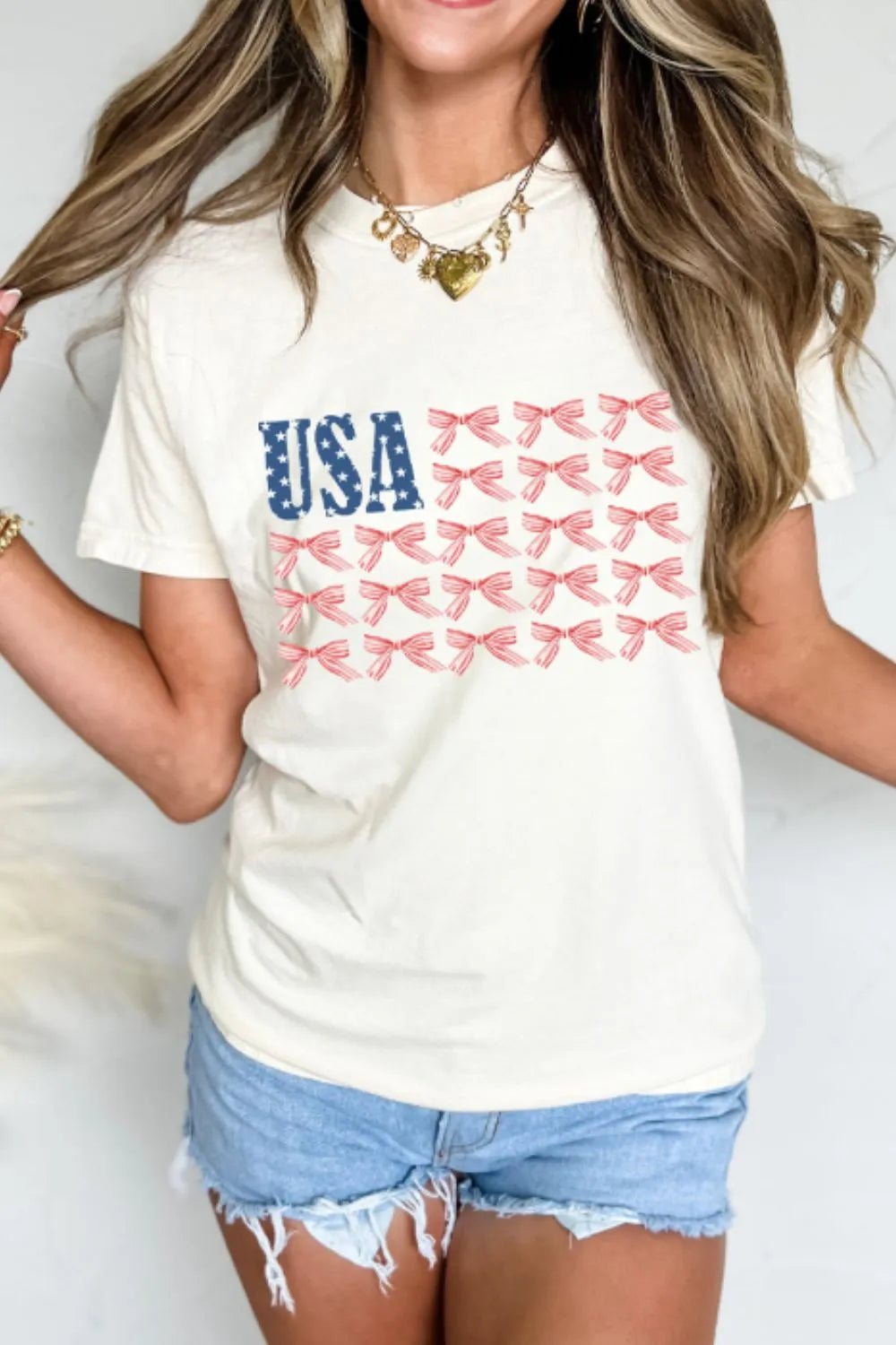USA Flag Bow Knot Print Round Neck T Shirt