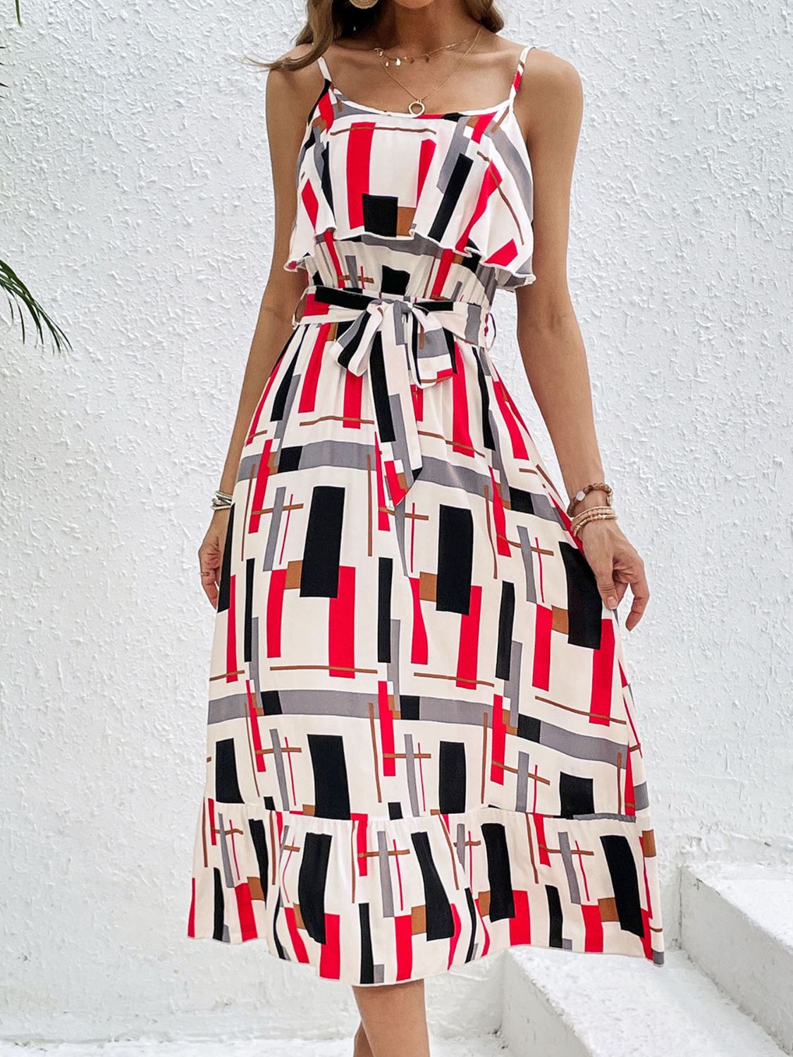 Perfee Ruffled Printed Tie Waist Midi Dress