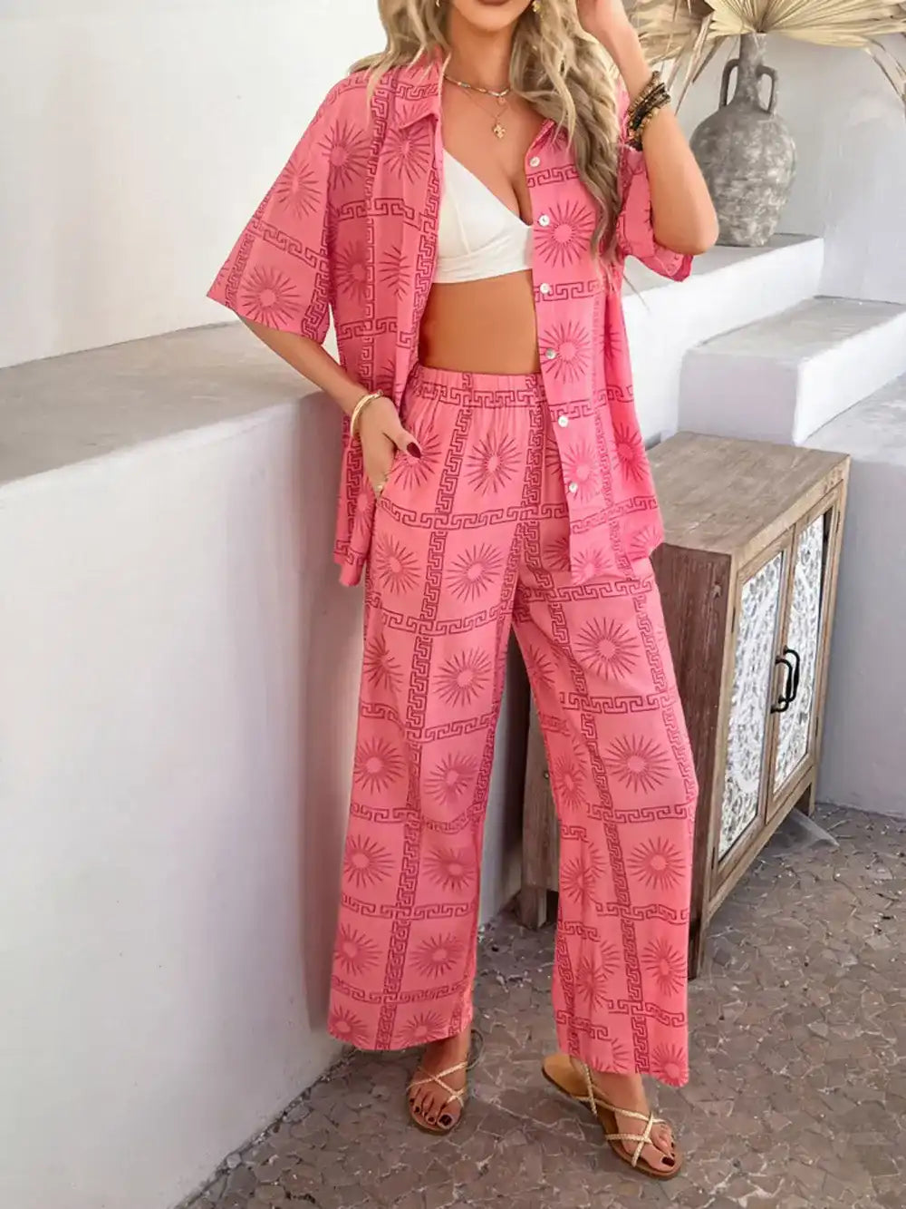 Devine Printed Button Down Shirt and Pants Set 100100774461792 54 Gifts for Her Jerry's Apparel 