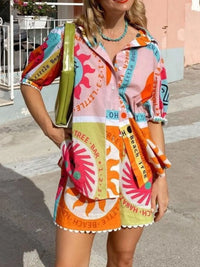 Printed Button Up Shirt and Shorts Set