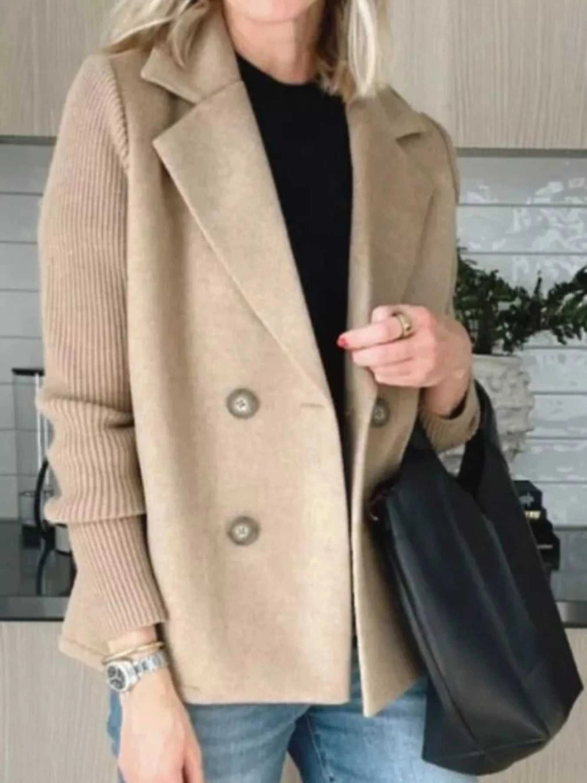 Full Size Knitted Sleeve Wool Blend Double-Breasted Blazer Plus Size 100100695520527 42 Affordable Fashion Under $100 Jerry's Apparel 