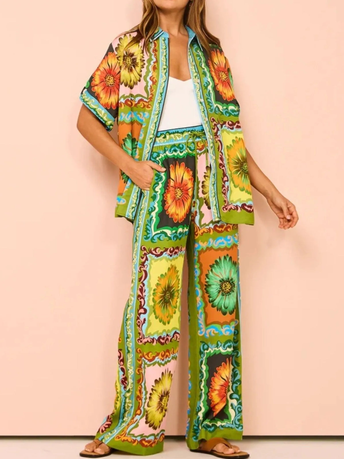 Printed Button Up Shirt and Pants Set