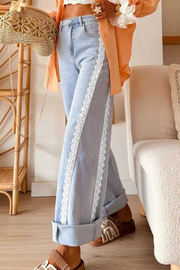 Light Wash Lace Trim Wide Leg Jeans 100100011636868 75 Seasonal Fashion Collections Jerry's Apparel 